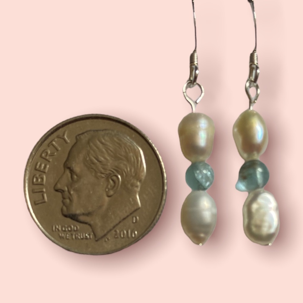 Hand Crafted Earrings White Pearls & Apatite .925 Silver Dangle Long Pierced - Picture 4 of 5
